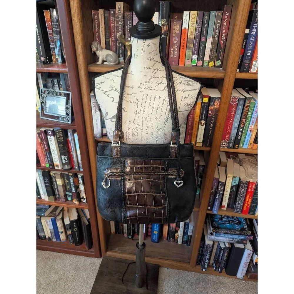 Brighton Leather Shoulder Bag Black Brown Croc Embossed Organizer Purse